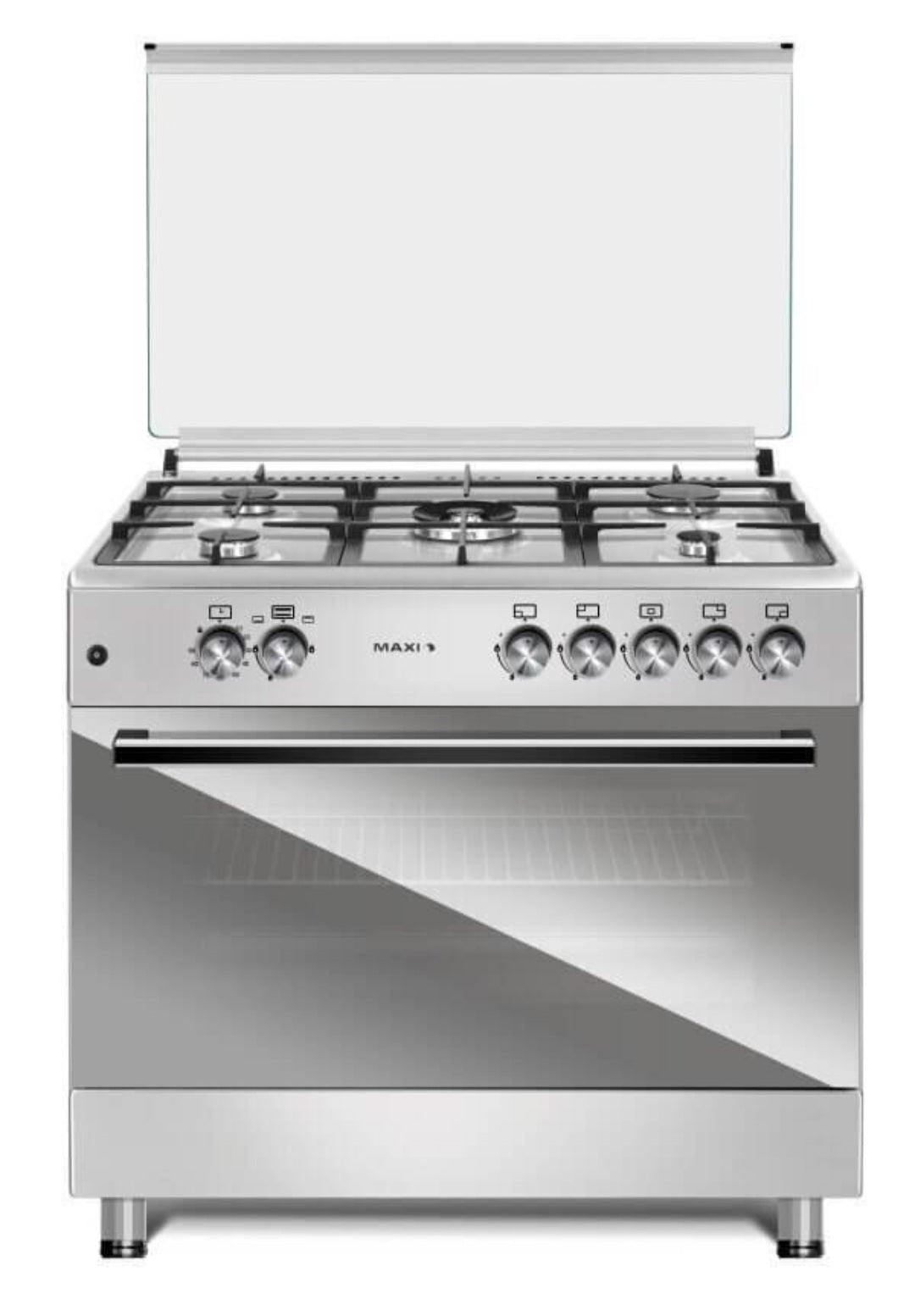 Maxi 90x60 5 Burner Gas Cooker stainless steel with glass lid open
