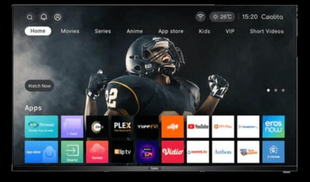 Syinix 43 inch Smart TV showing smart interface and streaming apps
