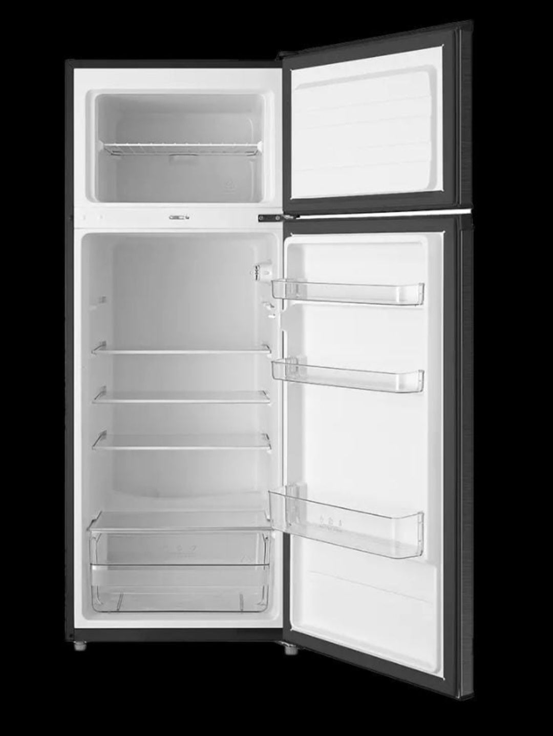 Midea 207L Double Door Refrigerator interior open view showing shelves