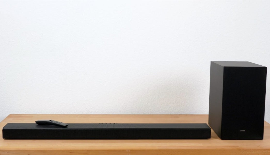 Samsung Soundbar A650 with wireless subwoofer on shelf
