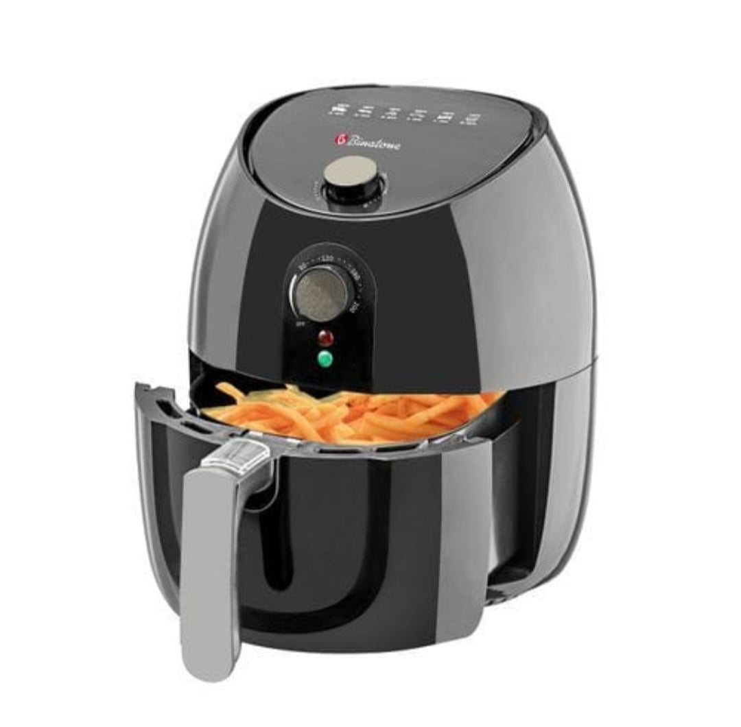 Binatone Air Fryer with digital panel open basket showing fries