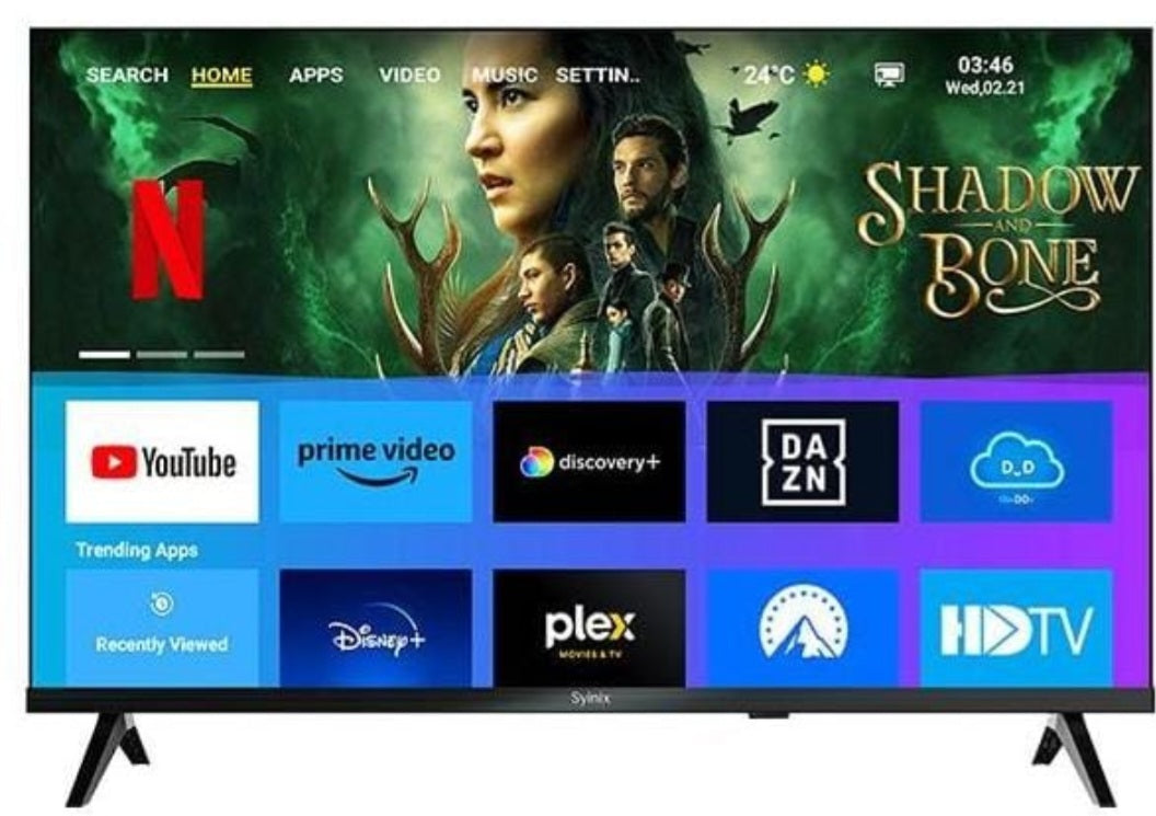 Syinix 32 inch Full HD Smart TV showing Netflix and streaming apps on screen