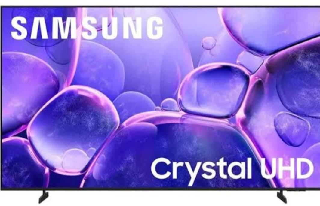 Samsung 75 inch Crystal UHD 4K Smart TV front view with vivid purple display