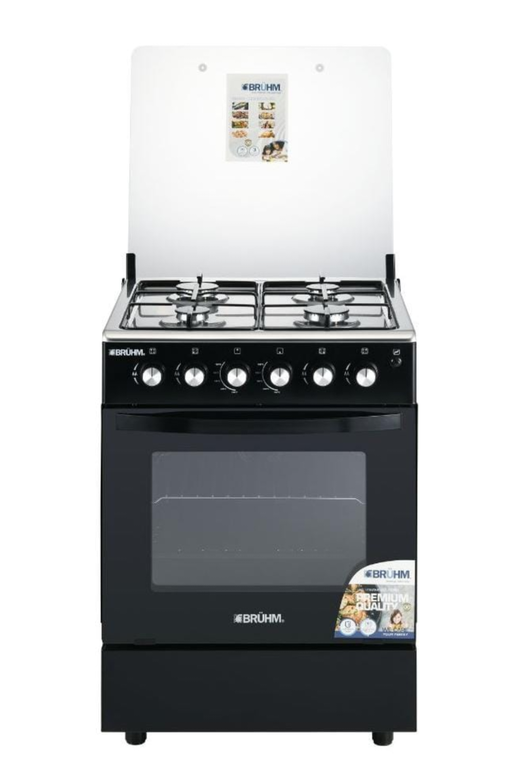 Bruhm 60x60 4 Burner Gas Cooker premium black finish with oven and glass backsplash
