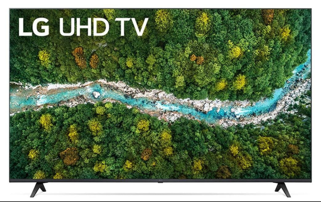 LG 50 inch UHD Smart TV displaying stunning aerial forest landscape