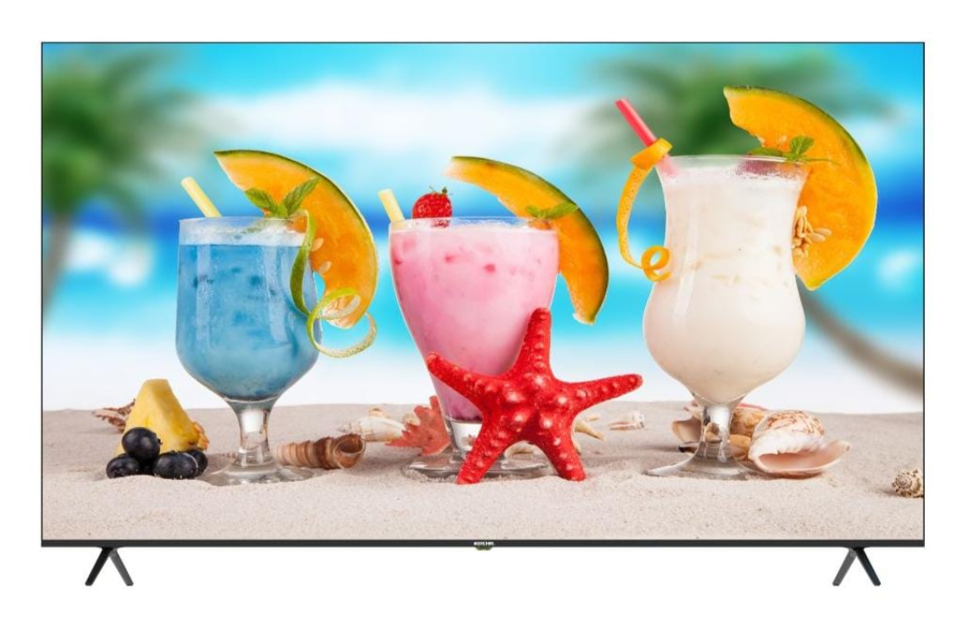 Bruhm 85 inch Metal Frameless 4K UHD Smart TV front view with vivid tropical display