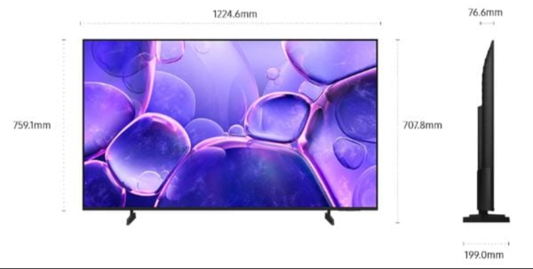 Samsung 55 inch Crystal UHD 4K Smart TV dimensions 1224.6mm x 759.1mm front and side view