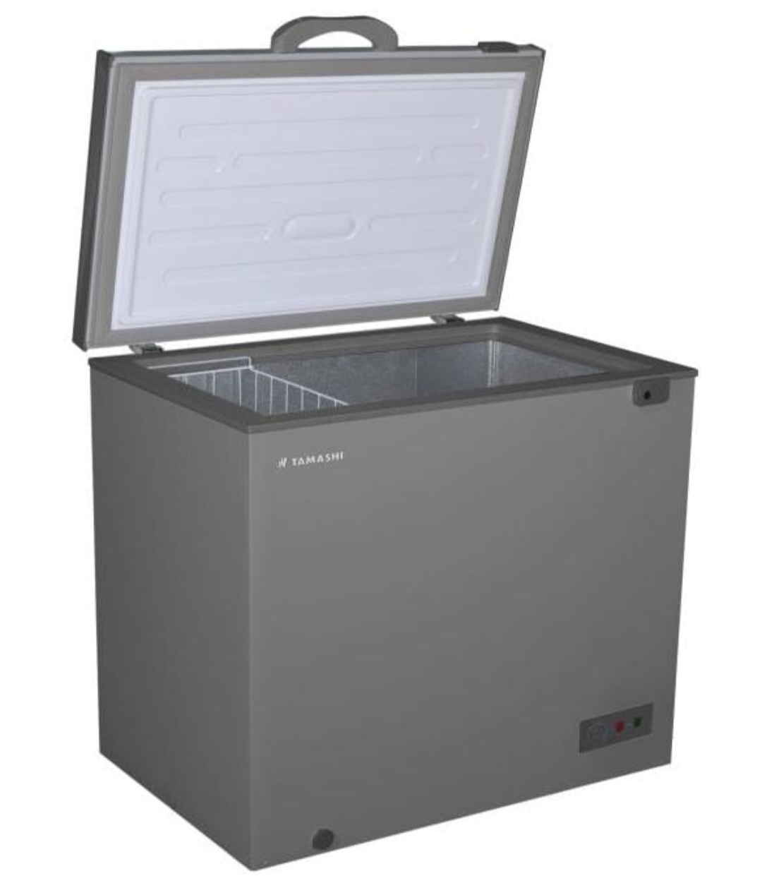 Tamashi 400LT Chest Freezer grey steel body open lid with wire basket interior view