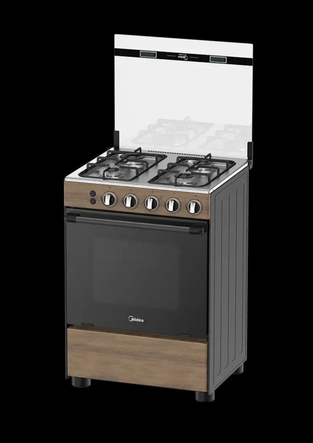 Midea 60x60 4 Burner Oven Gas Cooker premium brown wood-effect finish with glass door oven