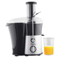 Binatone Juicer black and stainless steel centrifugal juice extractor with glass of orange juice