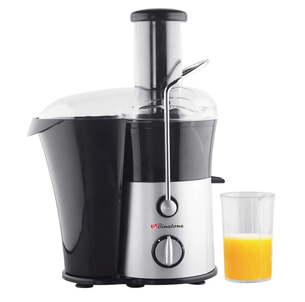 Binatone Juicer black and stainless steel centrifugal juice extractor with glass of orange juice