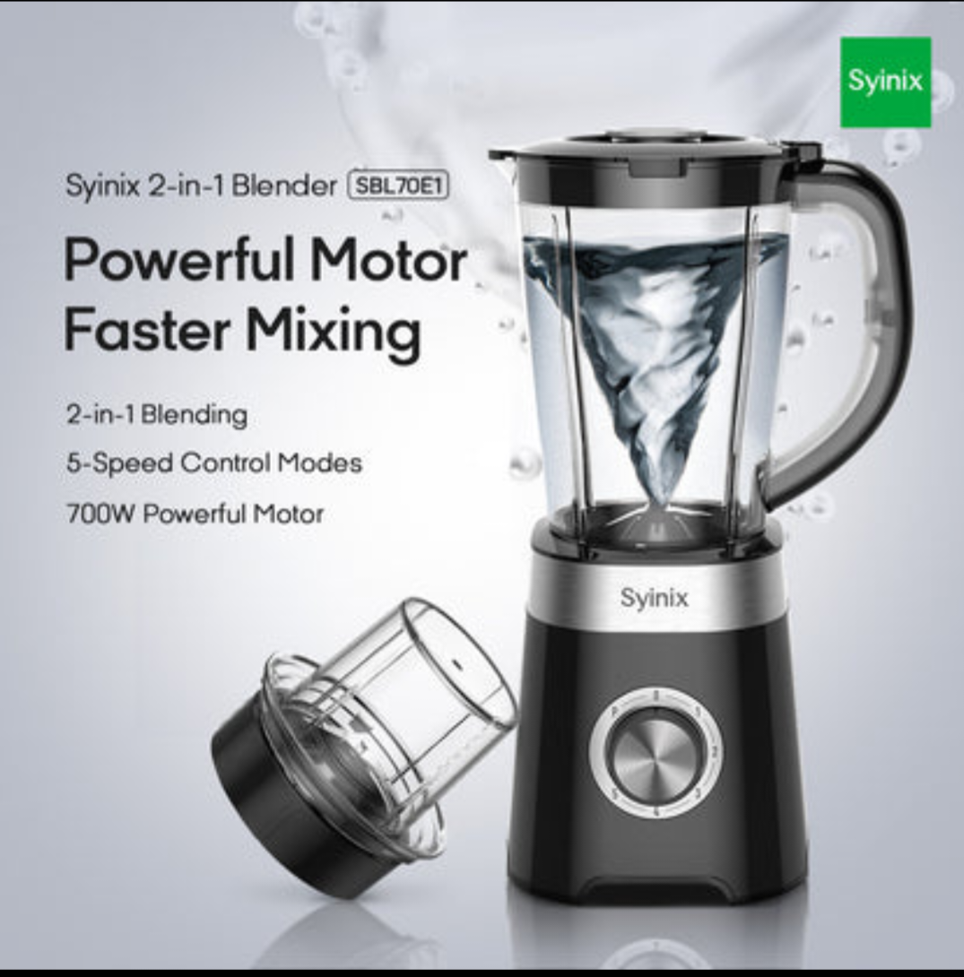 Syinix 2-in-1 Blender SBL70E1 700W powerful motor with large jar and personal grinding cup