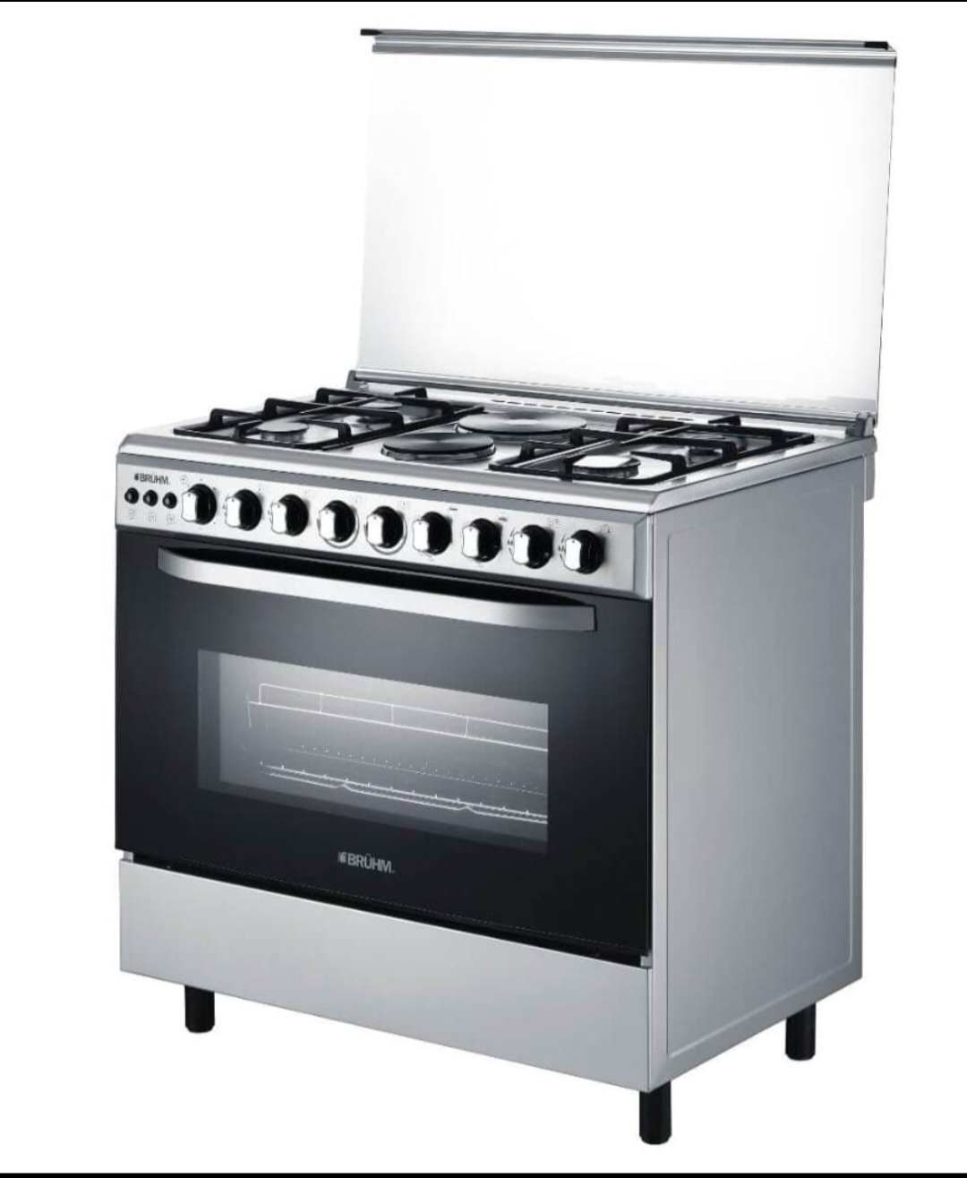 Bruhm 90x60 Cooker stainless steel with 4 gas burners 2 hotplates and large oven full view